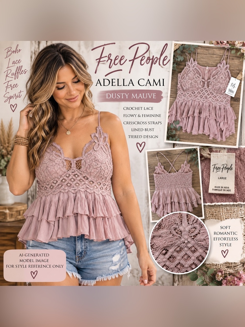 FREE PEOPLE ADELLA CAMI • LARGE • DUSTY MAUVE